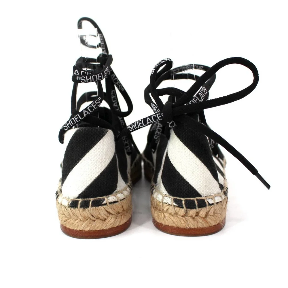 Off-White Black White Diagonal Stripe Ankle Wrap Canvas Espadrilles 35 Flats
